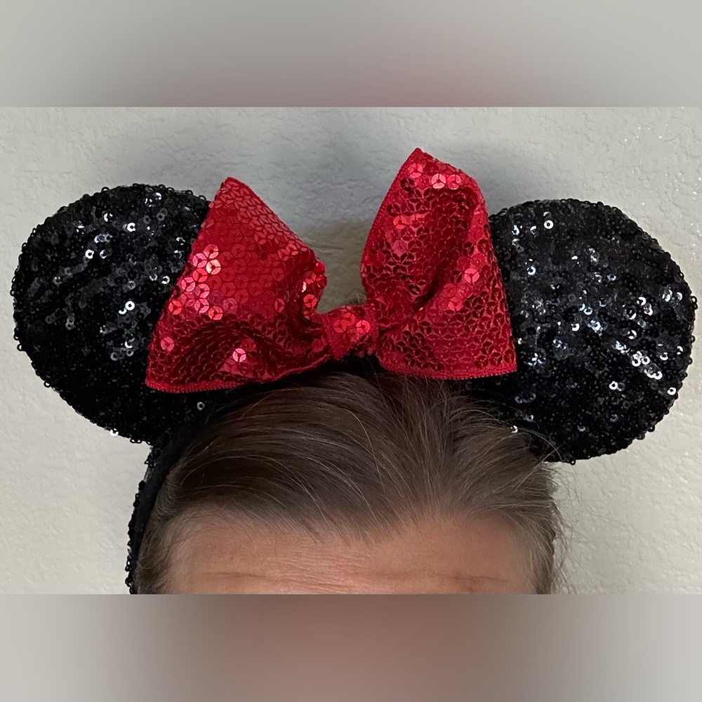 Disney Celebration Sequined Minnie Mouse Ears Headband with Red Bow
